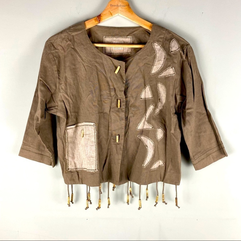 Tara Vao Artsy Linen Beaded Toggle Tassel Canvas Patchwork BOHO Blouse Size 1 XS